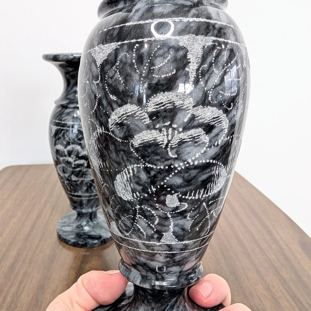 Pair Of Black & Gray Quartz Vained Marble Floral Etched Footed Vases Solid Stone